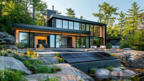 Modern Architecture and Nature  A contemporary  minimalist house blends seamlessly with its natural surroundings  featuring large windows  a sleek design  and solar panels for eco-friendly living.  