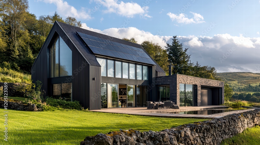 Obraz premium Modern Black House with Solar Panels: A sleek, modern black house with large windows and a solar panel system sits nestled amongst rolling green hills.