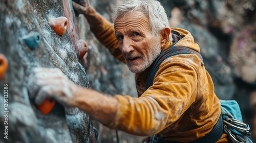 Senior citizen demonstrates remarkable skill and determination while indoor rock climbing at a local climbing gym, showcasing passion for fitness and adventure in later life
