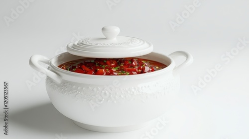 Delicious homemade soup served in a decorative white ceramic pot with a lid on a clean white background, showcasing colorful ingredients and garnishes photo