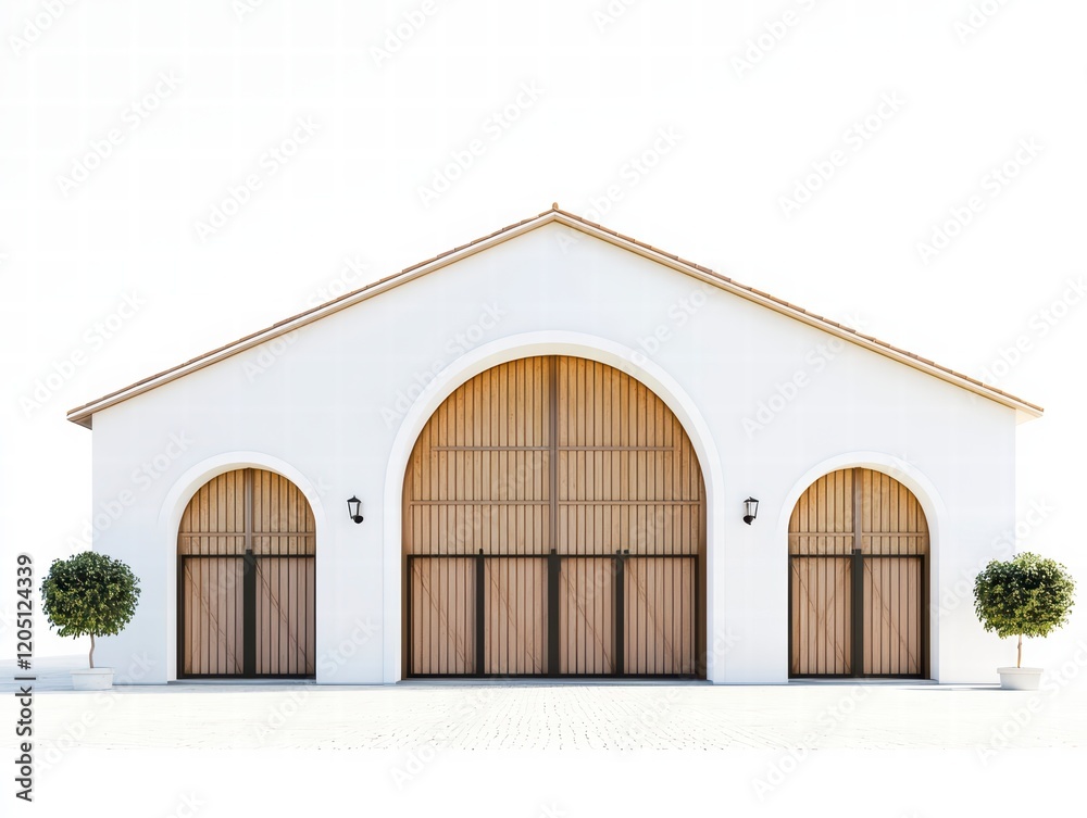 A spacious, modern stable with a clean white facade, large arched doors, and minimalist accents, isolated on a white background A spacious, modern stable with a clean white facade, large arched doors, and minimalist accents, isolated on a white background