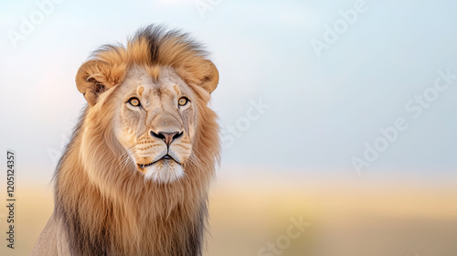 a lion portrait powerful lion with a majestic mane stares intently at something off-camera. The golden light of the setting sun casts a warm glow over the scene