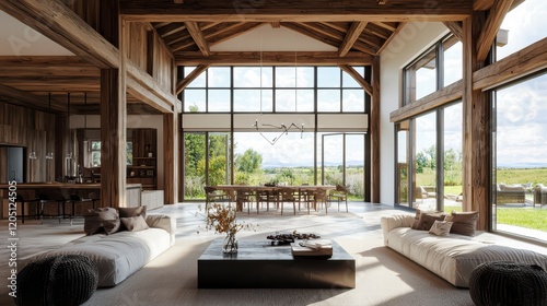 Modern Rustic Living   A spacious and airy living room with exposed wooden beams  large windows  and contemporary furniture  creating a stunning modern farmhouse aesthetic.