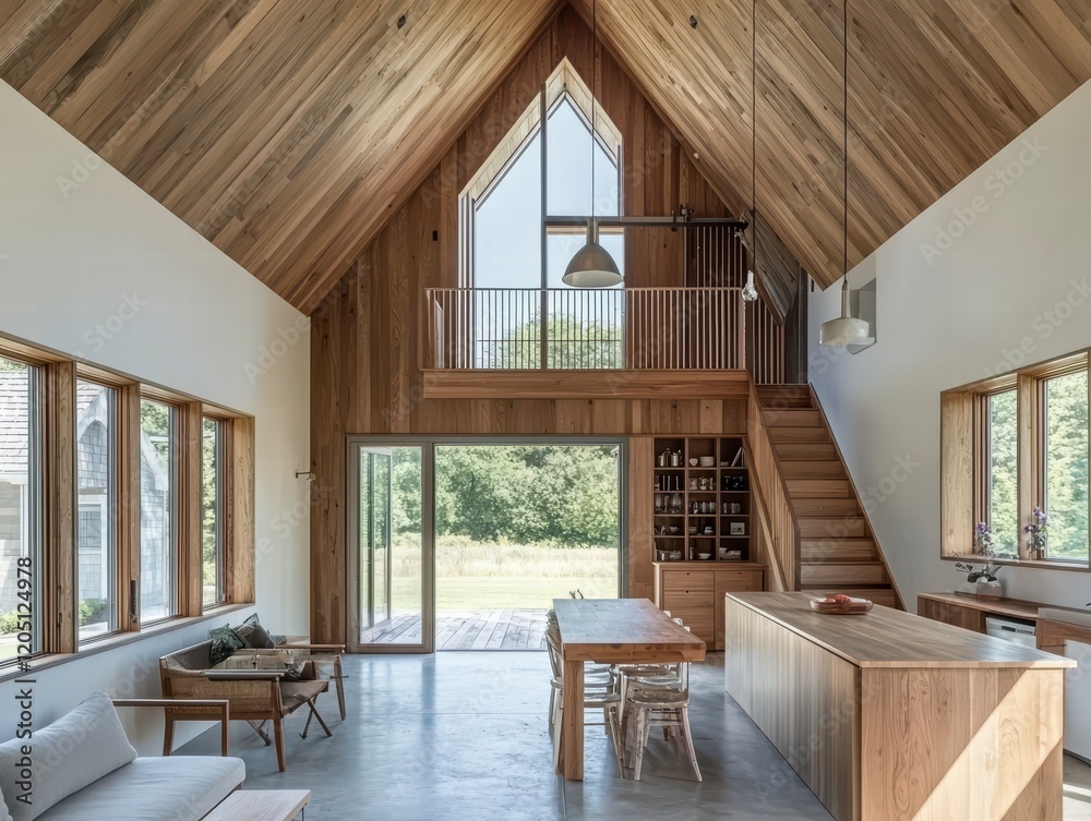 Fototapeta premium Modern Farmhouse Interior: Open-plan living space showcasing a stunning high-ceilinged design with exposed wooden beams, large windows offering abundant natural light.