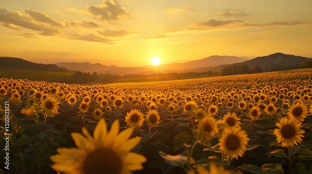 Fototapeta premium Sunflowers Bask in Golden Sunset Over Rolling Hills