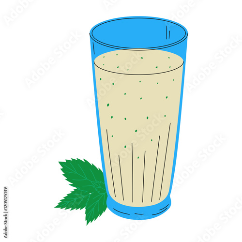 Glass of ayran.Traditional turkish dairy drink with mint. Hand drawn vector illustration.