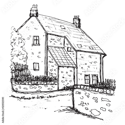 Countryside Cottage or House, Simple Vector Sketch Illustration
