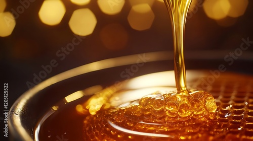 A close-up view of honey pouring from a stick onto a honeycomb with warm light highlighting the smooth texture and golden hues of fresh honey