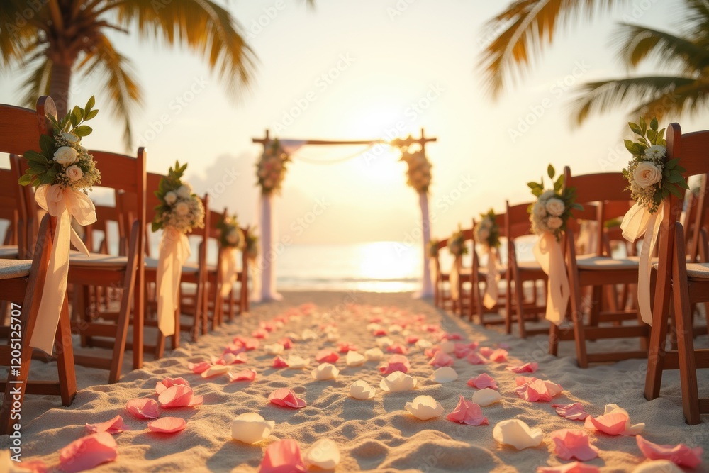 Obraz premium A beautiful outdoor beach wedding setup featuring a sandy aisle adorned with pink and white flower petals, wooden chairs, and a floral arch at sunset. Ideal for wedding and romance concepts.
