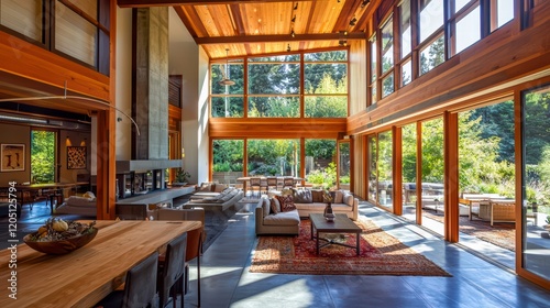Modern Open-Plan Living Space  Sunlight streams into a spacious  contemporary living area  highlighting the high ceilings  exposed wooden beams  expansive windows  and sleek design elements.