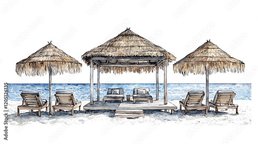 Tranquil Beachfront Cabana Scene Watercolor Illustration. Tranquil Beachfront Cabana Scene Watercolor Illustration.