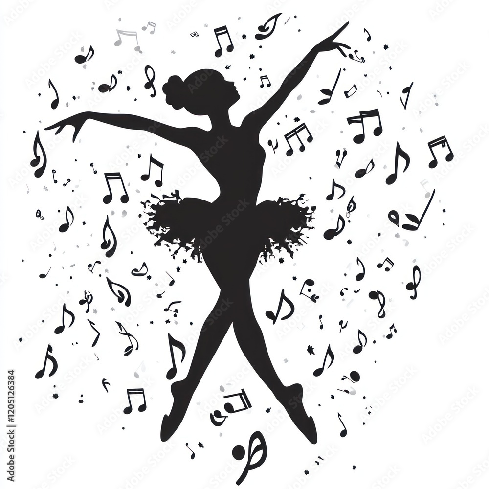 Ballerina dancing, music notes, white background, design element. (2) Ballerina dancing, music notes, white background, design element. (2)
