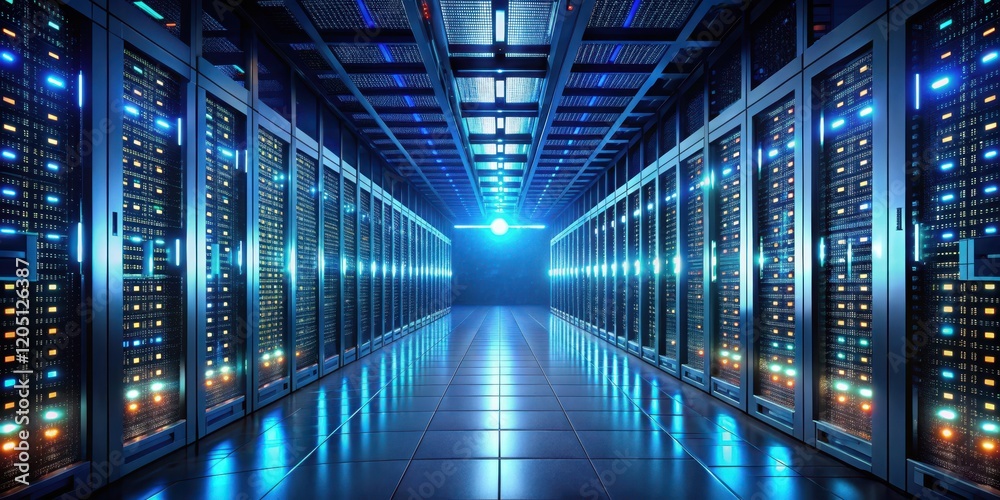 Fototapeta premium A darkened room filled with rows of humming servers and data centers, casting an eerie glow over the landscape like a ghostly mist , futuristic technology, glowing
