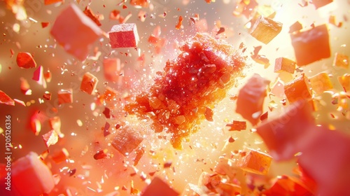 Red crystal exploding mid-air with debris on orange background. photo