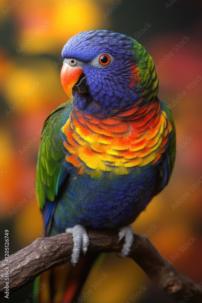 Naklejka premium A vibrant parrot perched on a branch, showcasing its colorful plumage against a blurred background.