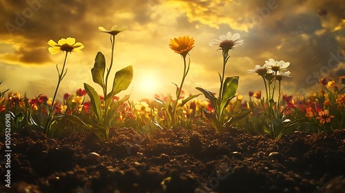 Seedlings growing in fertile soil with a field of wildflowers and a warm sunlit sky behind them