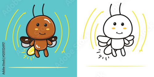 A cute firefly doll cartoon illustration for a sticker, design element, or coloring book element
