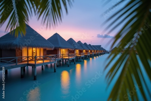 Beautiful overwater villas on a turquoise lagoon at sunset, surrounded by palm leaves. A serene and luxurious setting, perfect for tropical vacations, travel ads, and high-end resorts.