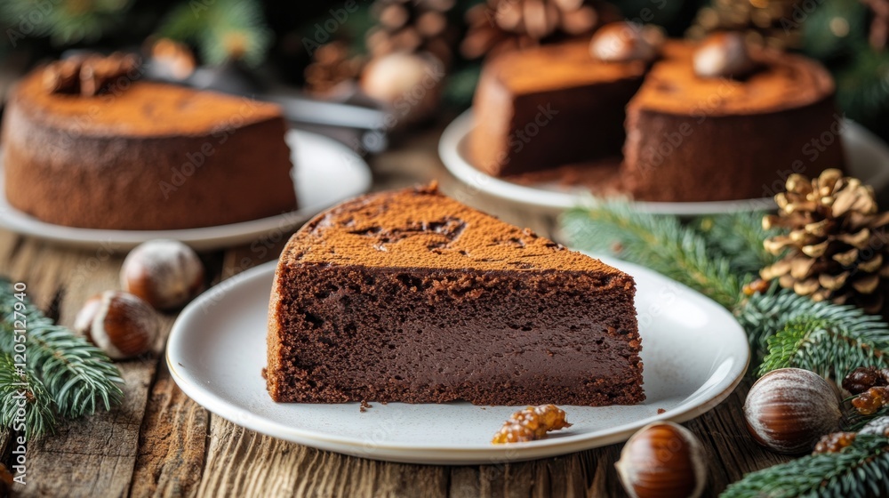 Delicious Chocolate Cake Sliced on Rustic Wooden Table Decorated Delicious Chocolate Cake Sliced on Rustic Wooden Table Decorated