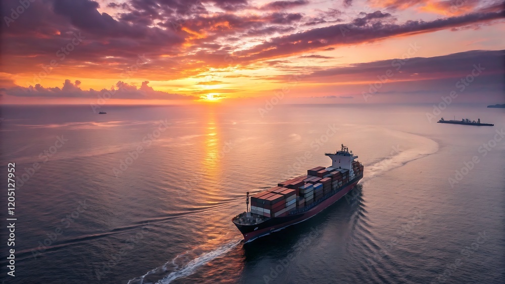 A large container ship cuts through the water at sunset