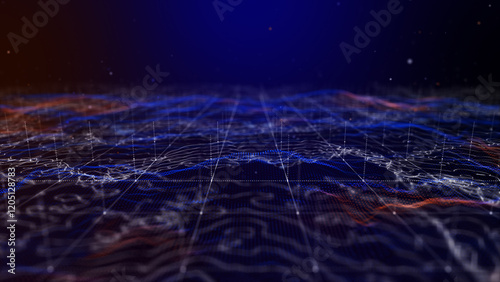 Flying through futuristic digital geology terrain, digital data telemetry and engineer topography with contour lines. 3D wireframe cartography concept.