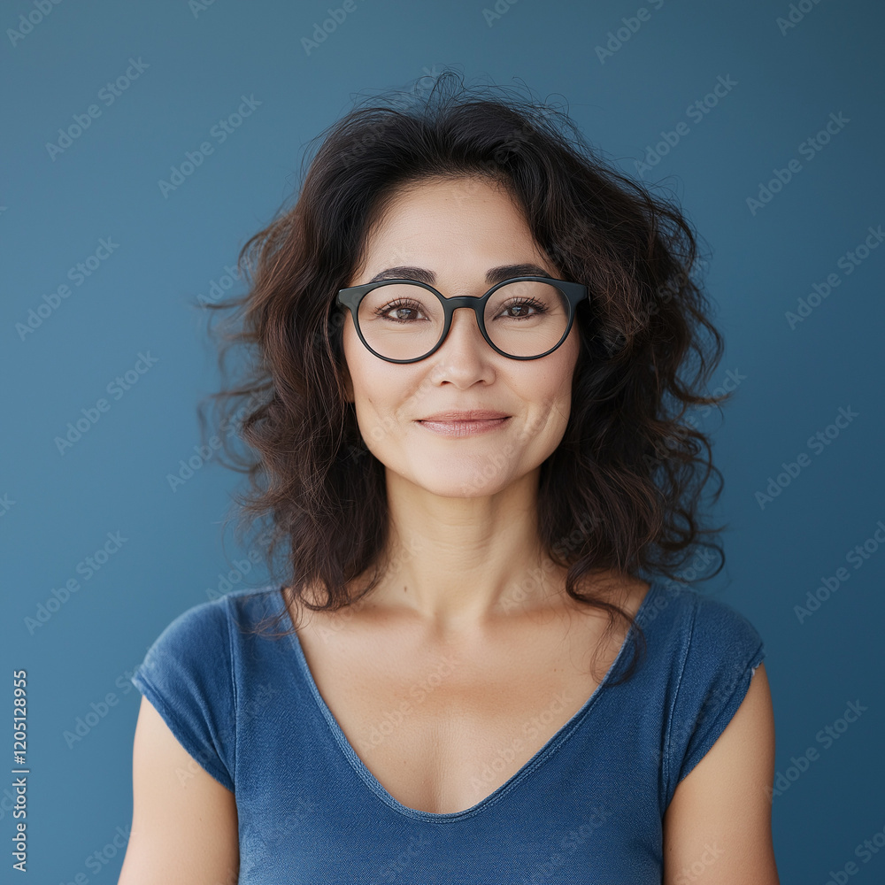 Obraz premium Portrait of a confident woman wearing glasses urban studio photography blue background eye level empowerment and style