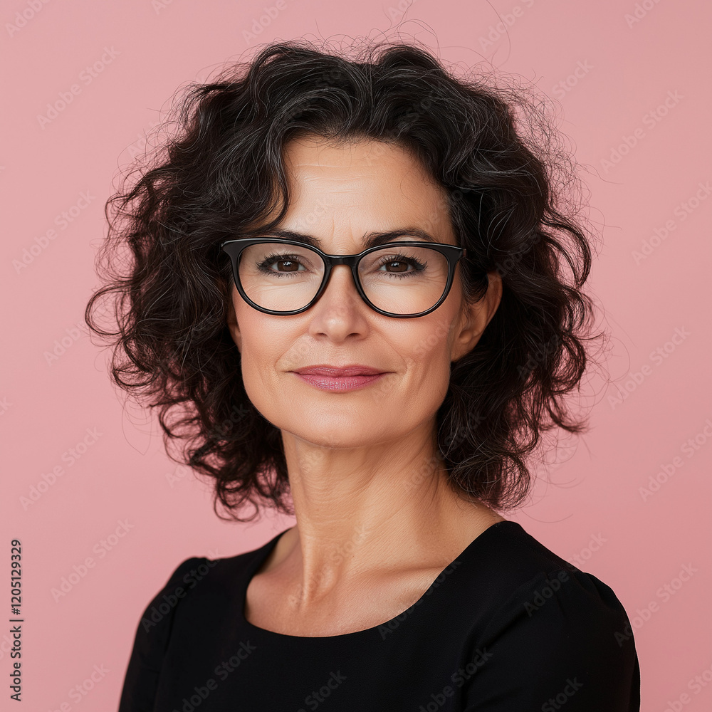 Obraz premium Professional portrait of confident woman with glasses studio setting lifestyle photography pink background close-up empowerment concept