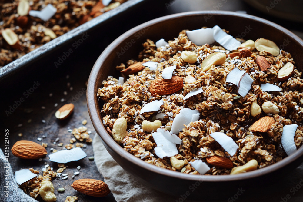 Rustic table features a bowl of keto granola with nuts and coconut flakes in a cozy kitchen setting Rustic table features a bowl of keto granola with nuts and coconut flakes in a cozy kitchen setting