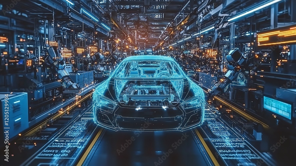 Futuristic AI Car Manufacturing Factory with Fully Automated Processes Futuristic AI Car Manufacturing Factory with Fully Automated Processes