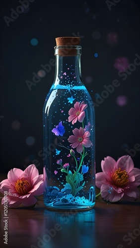 A glass bottle filled with a glowing blue liquid, and with several pink flowers inside, scattered around the bottle