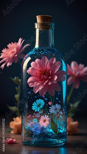A glass bottle filled with a glowing blue liquid, and with several pink flowers inside, scattered around the bottle