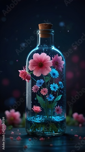 A glass bottle filled with a glowing blue liquid, and with several pink flowers inside, scattered around the bottle