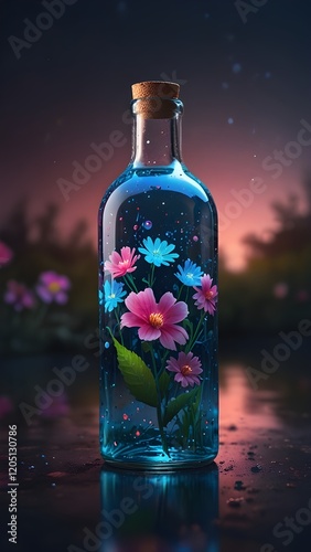 A glass bottle filled with a glowing blue liquid, and with several pink flowers inside, scattered around the bottle