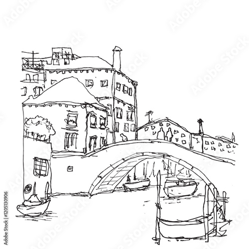 Panorama Village Bridge with Boats, Simple Sketch Vector Illustration