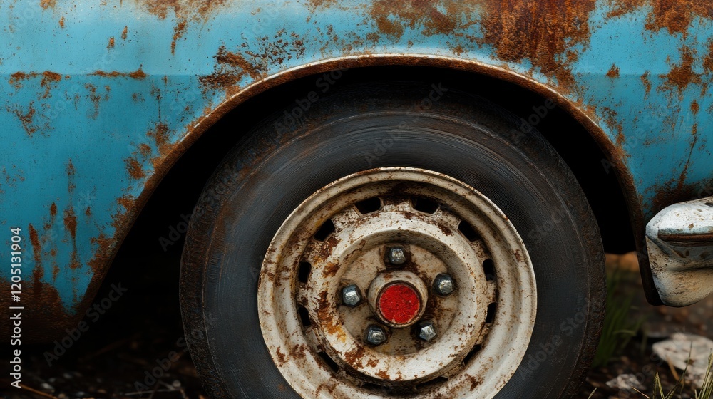 Rusty Blue Car Wheel Close Up with Tire and Weathered Detail