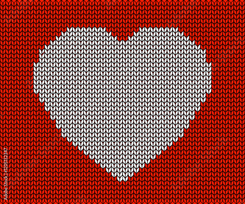 red background pattern in the texture of a warm red knitted sweater with love heart shape