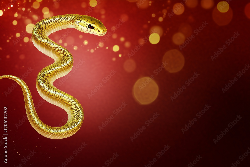Fototapeta premium Golden snake on a red background, Chinese New Year concept