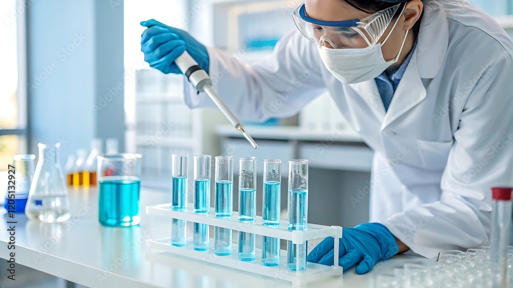 Female scientist using a pipette to transfer blue liquid into test tubes arranged in a rack Female scientist using a pipette to transfer blue liquid into test tubes arranged in a rack