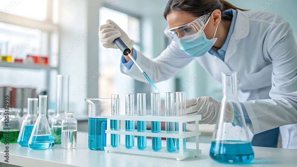 Female scientist using a pipette to transfer blue liquid into test tubes arranged in a rack Female scientist using a pipette to transfer blue liquid into test tubes arranged in a rack