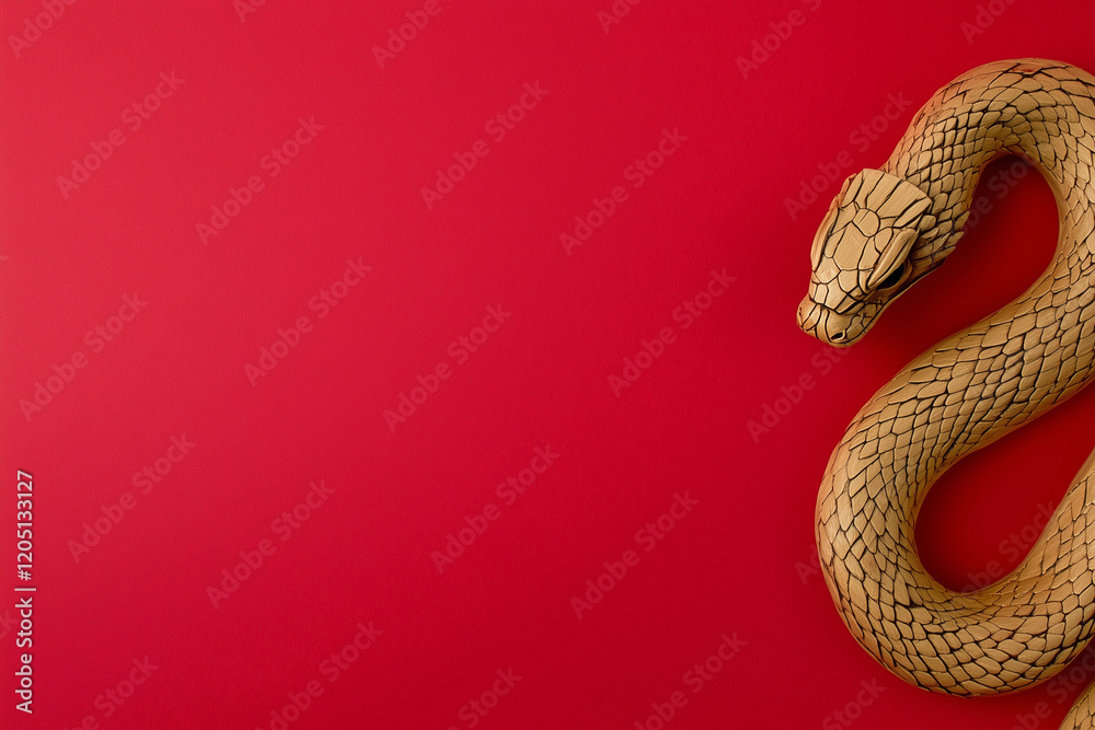 Fototapeta premium Golden snake on a red background, Chinese New Year concept