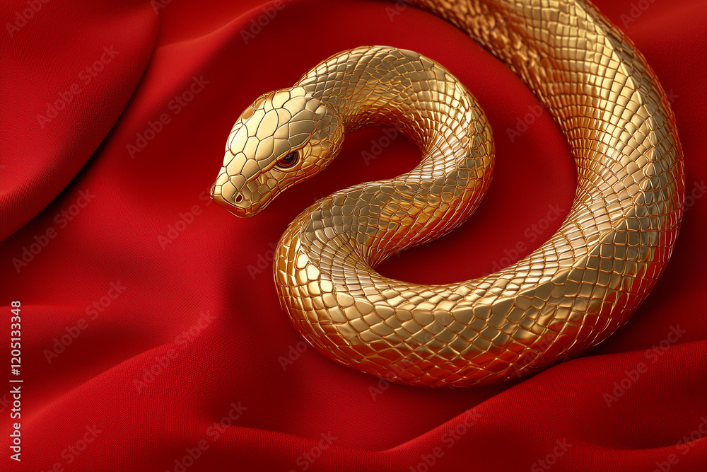 Obraz premium Golden snake on a red background, Chinese New Year concept