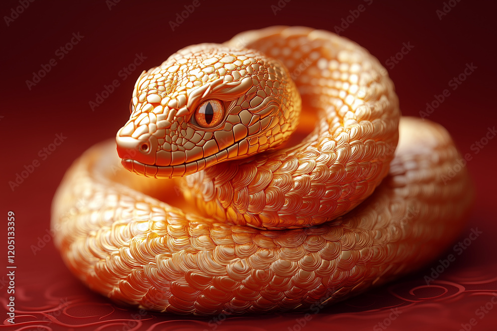 Fototapeta premium Golden snake on a red background, Chinese New Year concept