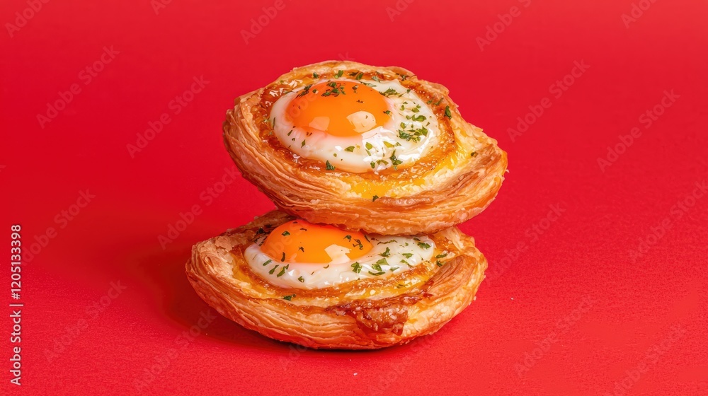 A delicious pastry topped with a perfectly cooked egg, displayed against a vibrant red background. A delicious pastry topped with a perfectly cooked egg, displayed against a vibrant red background.