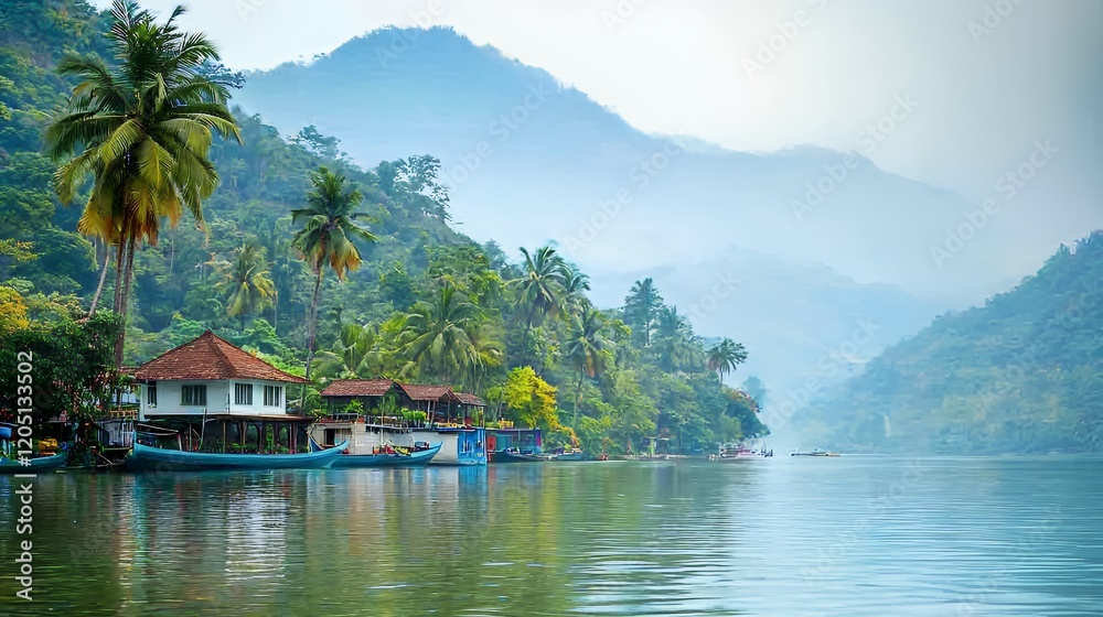 Fototapeta premium Serene Tropical River Houses, Misty Mountains and Palm Trees