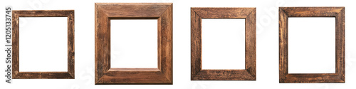 Collection of wooden picture frames in various sizes and shapes including square rectangle and other geometric styles with distressed and weathered finishes for a vintage rustic aesthetic