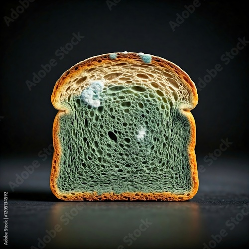 a slice of bread covered in fuzzy green and white mold, Moldy bread, food waste, unhealthy food, macro photography, close-up, texture, green mold, white mold, fungus, decay, disgusting, repulsive, foo