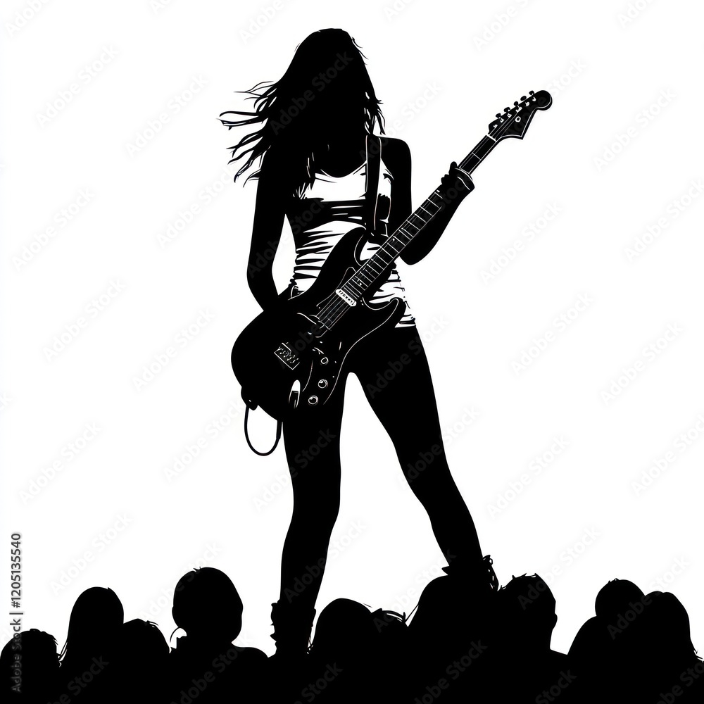 Naklejka premium Silhouette female guitarist performing on stage, crowd cheering, music concert poster
