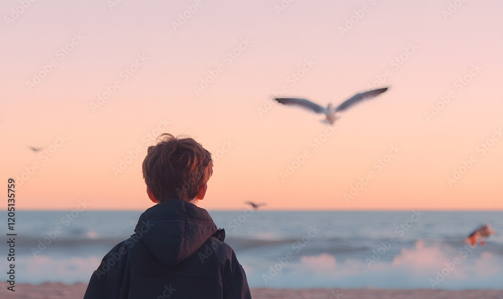 Fototapeta premium Little boy wearing a jacket and short hair looking at the sunset on the beach. Generative AI