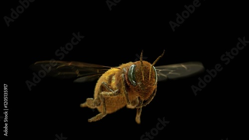 Highly detailed 4K 3D animation of a flying honey bee in a loop, with the camera rotating 360 degrees around it. Features clean alpha channel for easy background replacement.