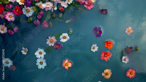 Wallpaper Mural Colorful cosmos flowers float gently on dark water Torontodigital.ca